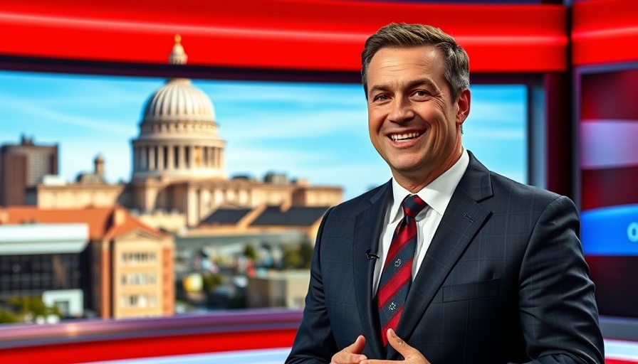 News anchor discussing Fox News Dominion Settlement with cityscape view.