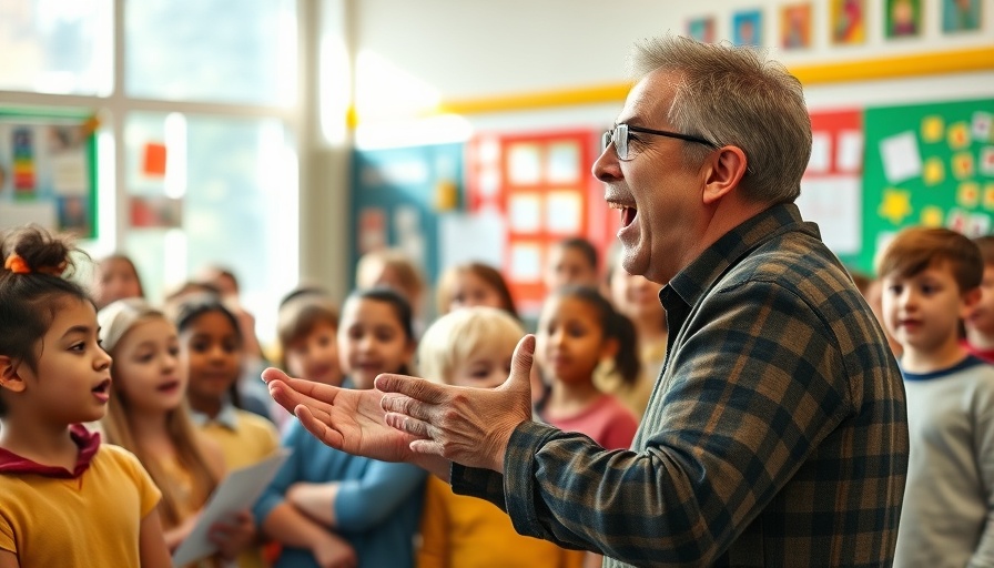 Choir director leading children in song, vibrant classroom setting.
