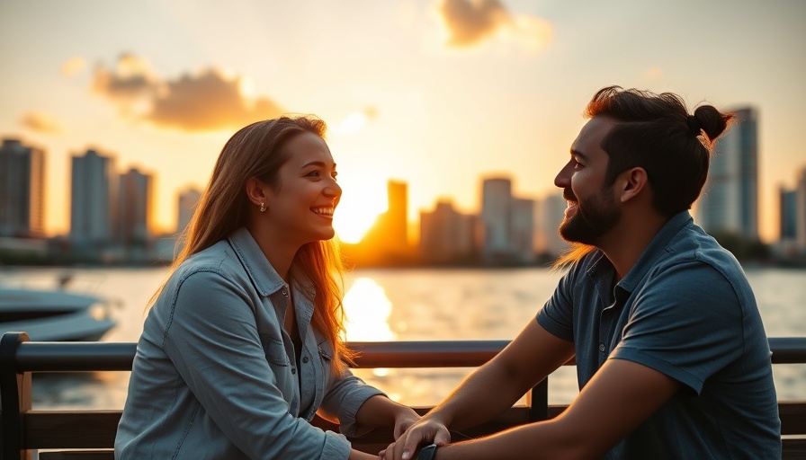 Young couple in Miami discussing by the waterfront at sunset amid dating challenges.