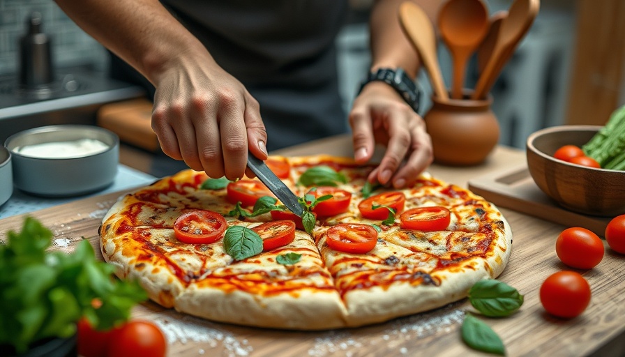 Quick pizza creation with fresh ingredients in kitchen.