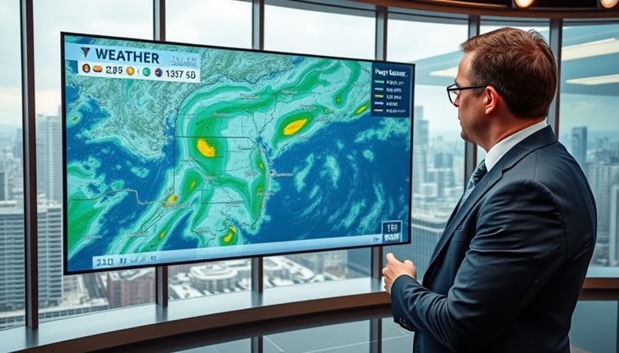 Weather presenter analyzing Miami weather forecast map for summer 2025.
