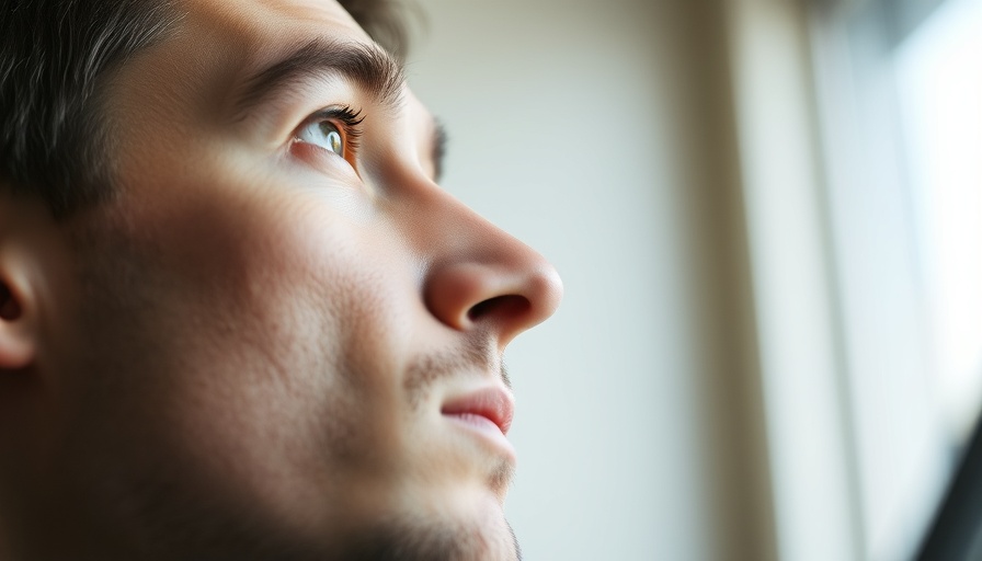 Close-up of man with pensive look demonstrating technology addiction.