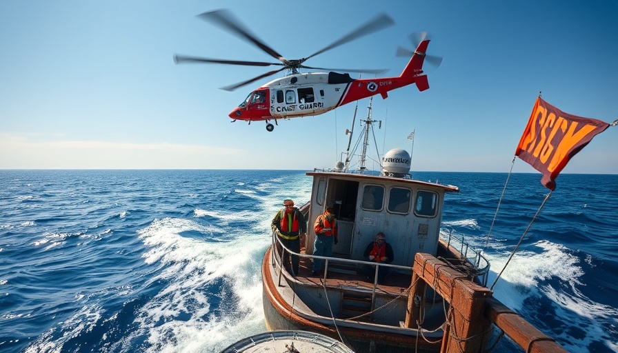 U.S. Coast Guard helicopter rescuing distressed fishing crew at sea.