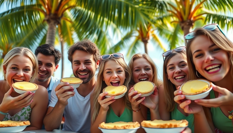Key lime pie eating contest under palm trees, lively participants.