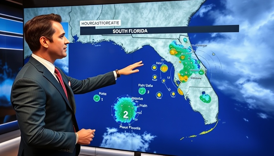 Meteorologist highlights South Florida storms forecast on display map.