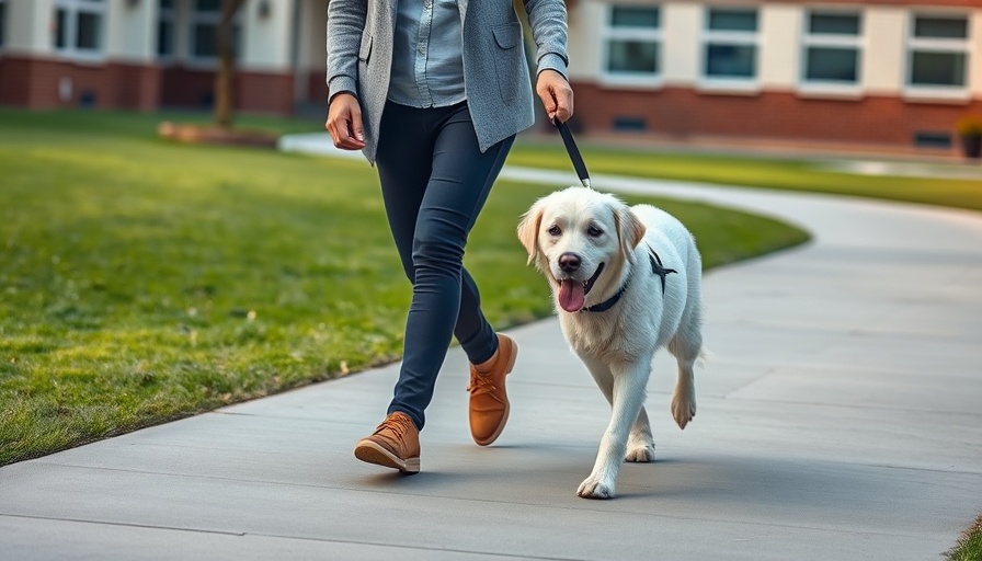 Person walking white therapy dog on path, therapy dog program.