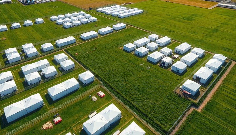 Aerial shot of shelters and vehicles in a grid by green fields, Alligator Alcatraz access denial.