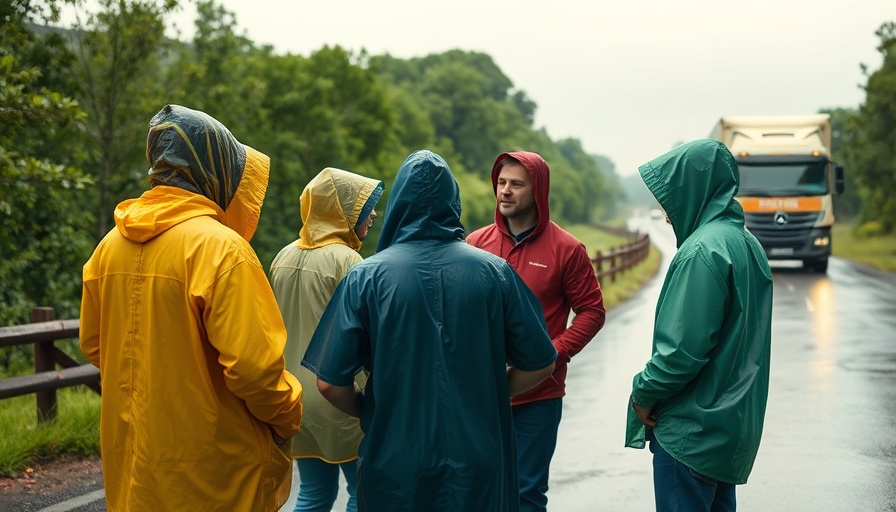 People in raincoats discussing near road, wet and overcast.