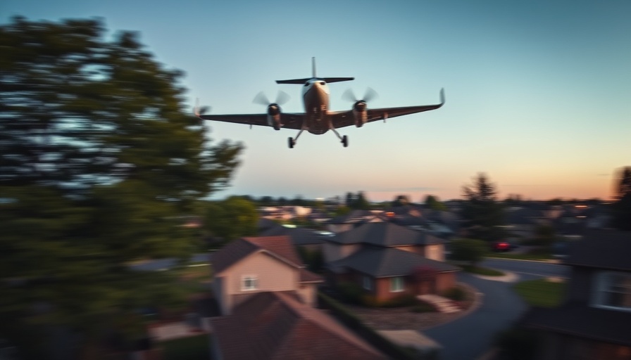 Blurry plane over neighborhood, related to small plane crash in Pembroke Pines, twilight sky.