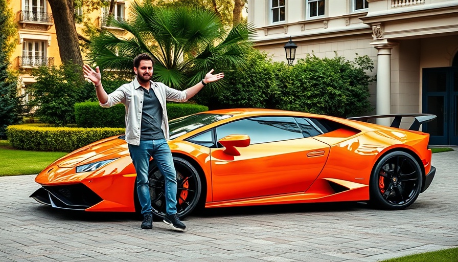 Young man with custom Lamborghini in driveway, natural daylight scene.
