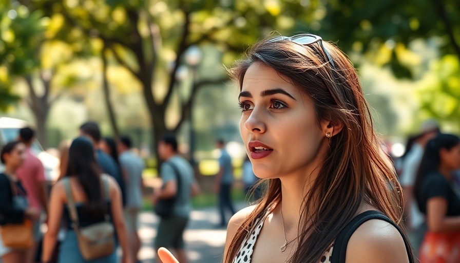 Young woman's focused expression discussing immigration and healthcare crisis outdoors.