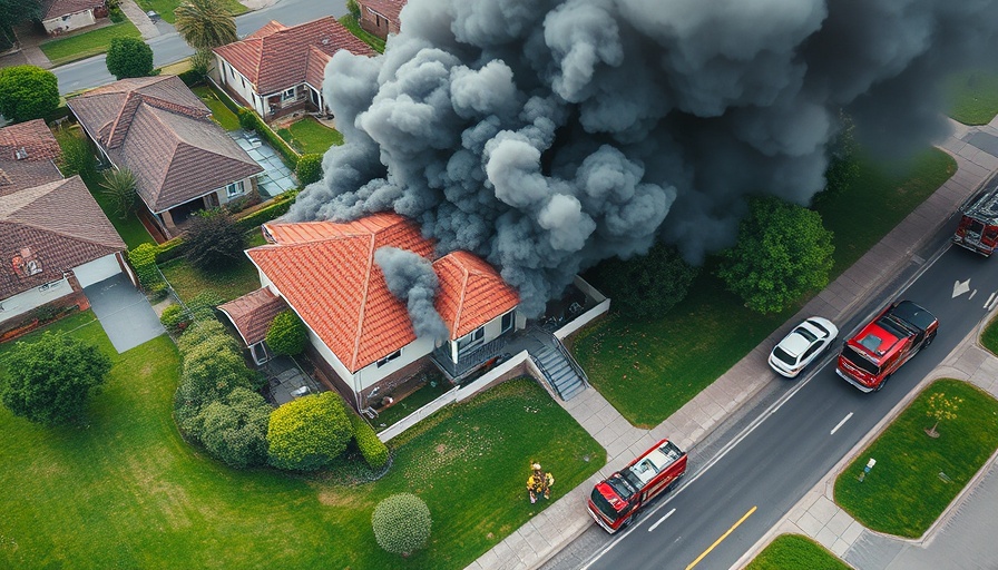 Aerial view of Miami-Dade house fire with smoke and emergency vehicles.