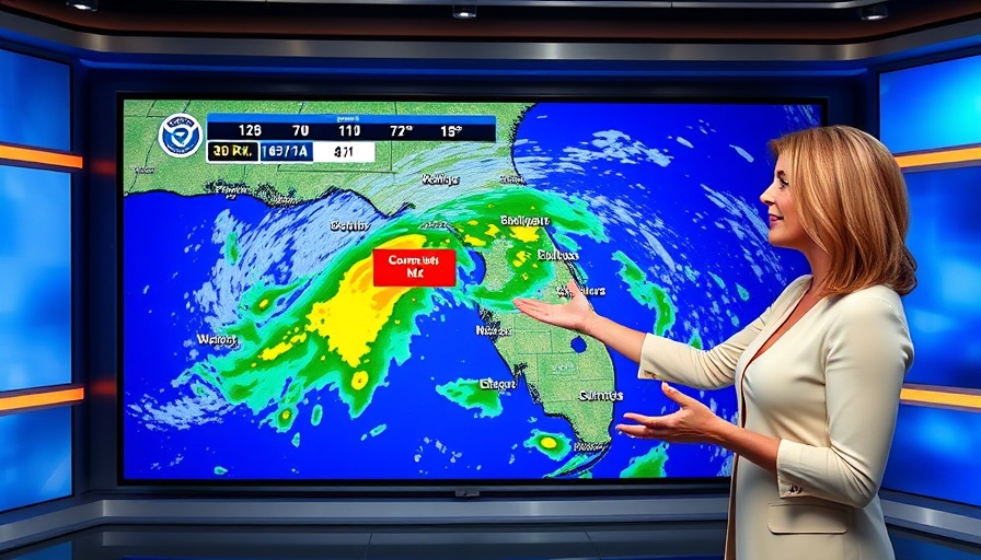 Weather radar showing flood advisory for Miami-Dade, with presenter pointing.
