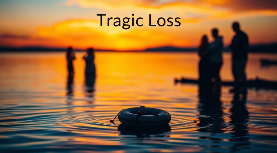 Tragic accident scene highlighting impaired boating safety, with a life jacket and grieving individuals.