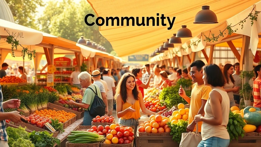 Local farmers market bustling with fresh produce and community events under warm sunlight.