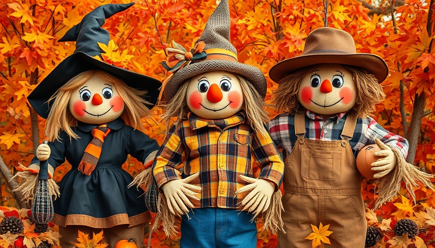 Charming scarecrow characters at Sandhills Scarecrow Stroll in autumn setting.