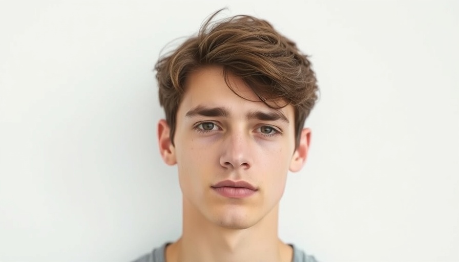 Neutral expression young man posing, cinematic photo, plain background.