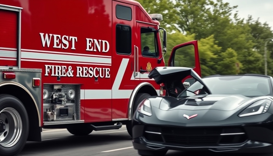 Corvette accident with 18-wheeler scene involving fire truck and damaged car.