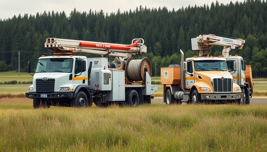 Utility trucks addressing Moore County internet outage in grassy area.