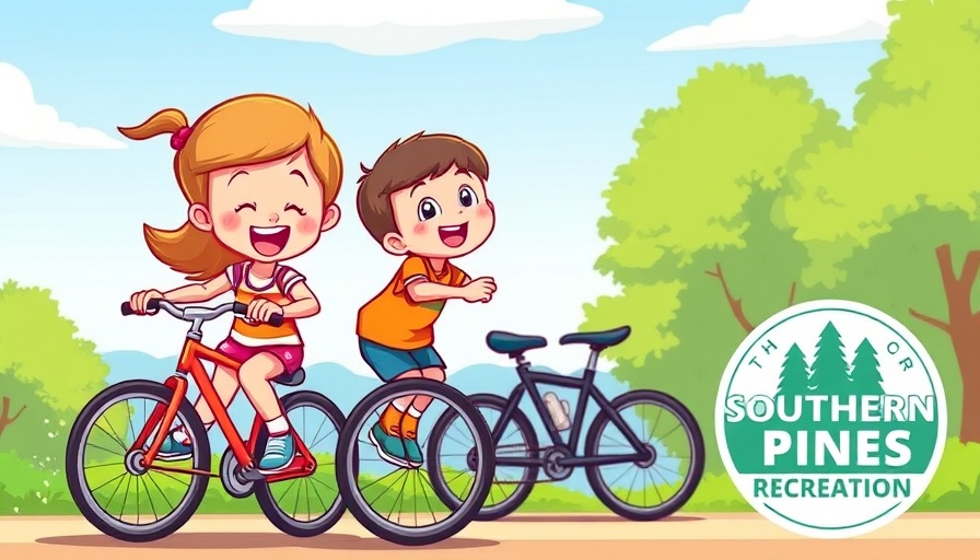 Southern Pines Bike to School Day cartoon kids biking with logo.