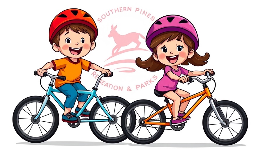Southern Pines Bike to School Day cartoon with kids on bikes.