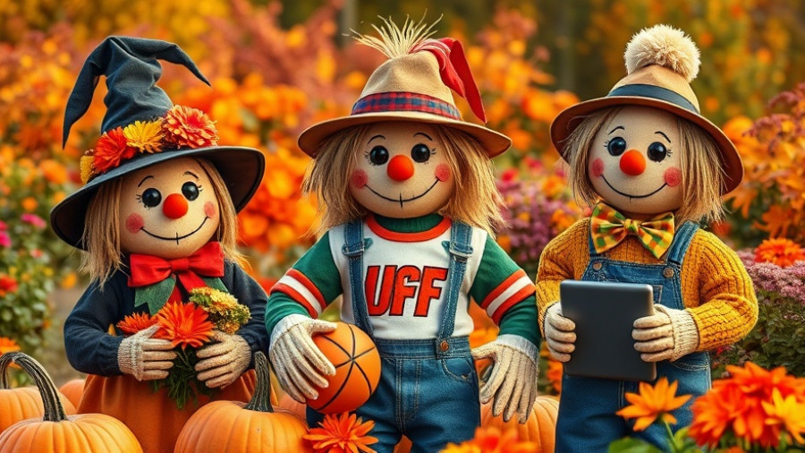 Sandhills Scarecrow Stroll festive scarecrow display in autumn garden.