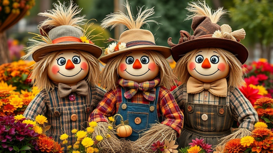 Sandhills Scarecrow Stroll: Three delightfully dressed scarecrows among fall flowers.
