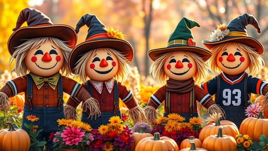 Sandhills Scarecrow Stroll featuring festive scarecrows in garden.