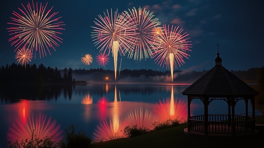 Fireworks over a lake during Independence Day festivities and family activities.
