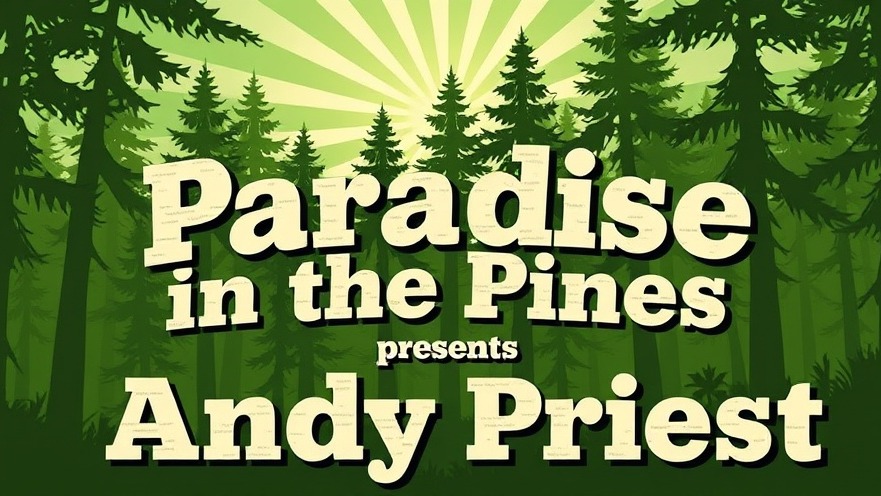 Cartoon backdrop of pine trees featuring 'Paradise in the Pines presents Andy Priest' for the Carolina golf community.