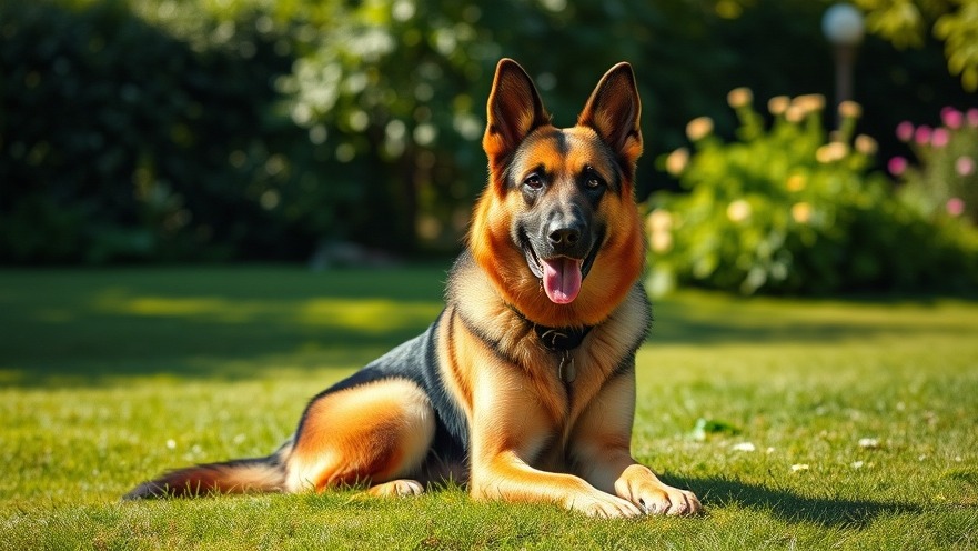 German Shepherd in a sunny lawn, promoting pet safety awareness and welfare.