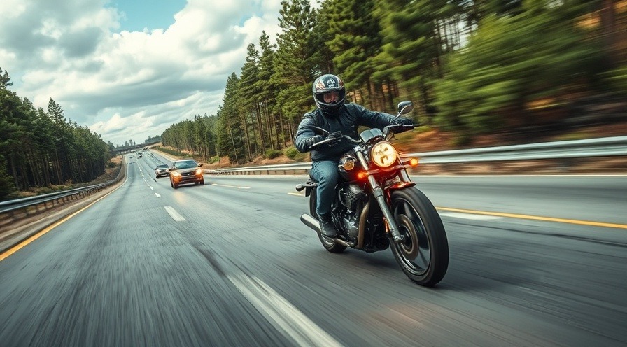 Photorealistic scene of a motorcyclist fleeing police in Moore County, highlighting reckless driving and traffic violations.