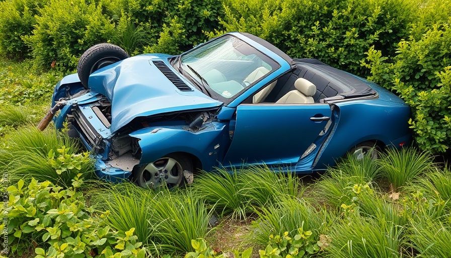 Driver walks away from rollover crash involving blue convertible in grass.