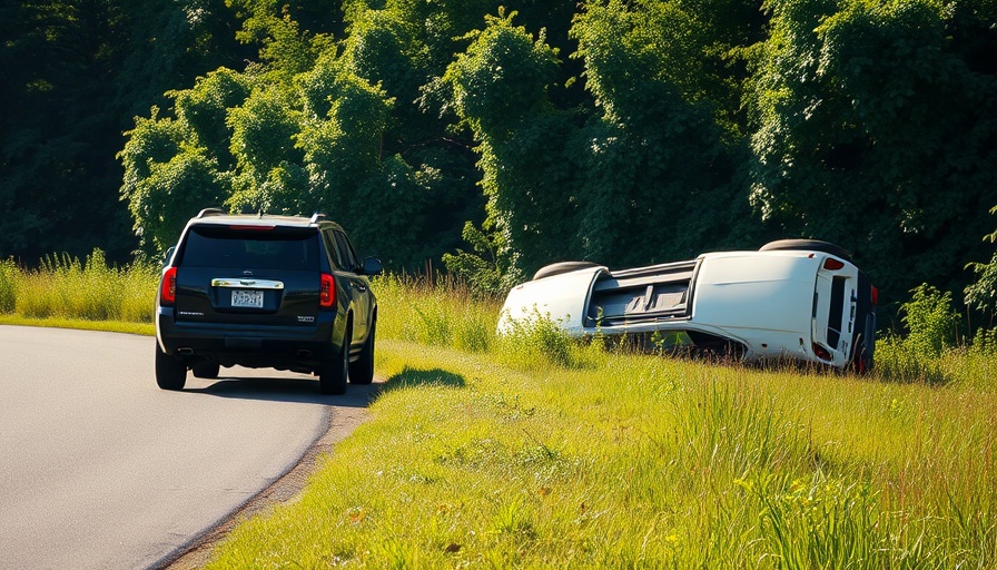 Black SUV at Vass rollover accident site near dense foliage.