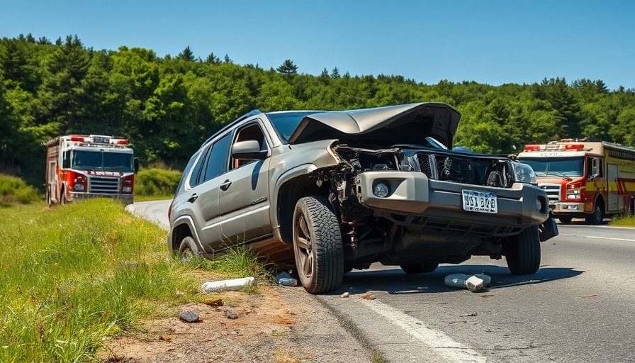 Highway 73 crash scene with damaged SUV and emergency vehicles.