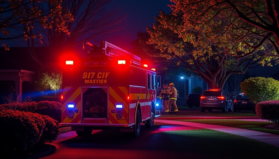 Fire truck and responders at nighttime house fire in Seven Lakes West.