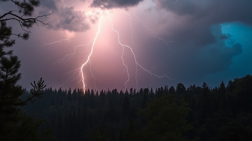 Lightning strike captured in a photorealistic thunderstorm, emphasizing community resilience and safety.