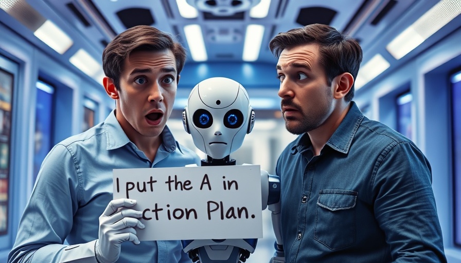 Surprised men and a robot discussing AI action plan in a bright room.