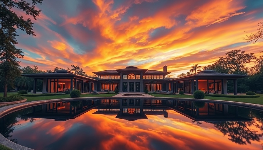 Stunning Moore County estate with sunset reflection on pond.