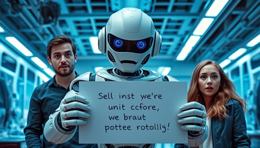 AI developments with a futuristic robot and surprised individuals.