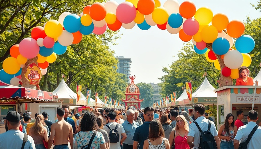 Weekend in the Sandhills festival with colorful balloon arch and crowd.