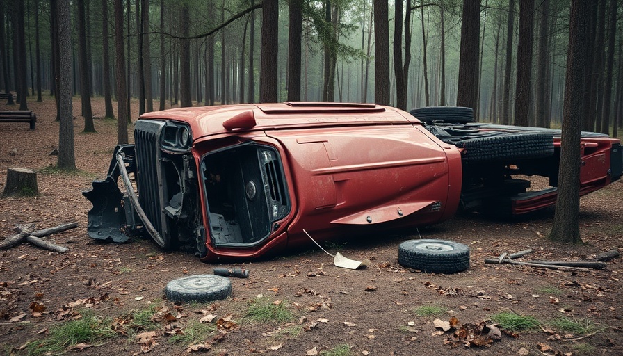 Overturned red truck in Carthage accident in wooded area.
