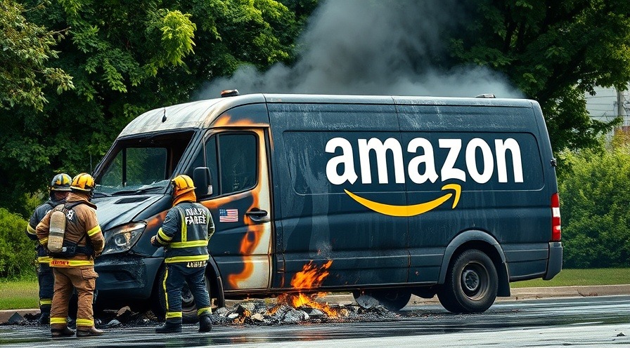 Fire safety team inspects burnt Amazon delivery van amidst lush greenery.