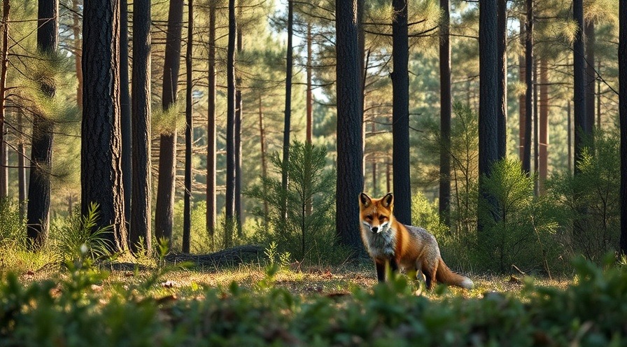 Photorealistic wild fox in a southern pine forest for rabies safety awareness.