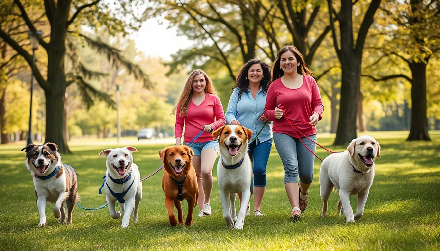 Two women walking multiple dogs in a park, showcasing pet sitting.