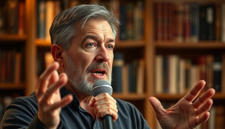 YouTube success speaker in library setting, passionate expression.