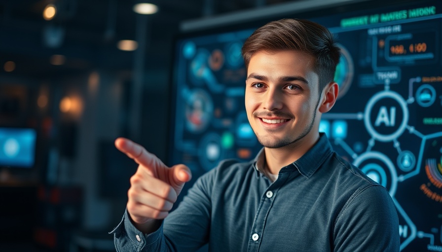 Confident young man highlighting AI tools for retirees, vibrant tech backdrop.