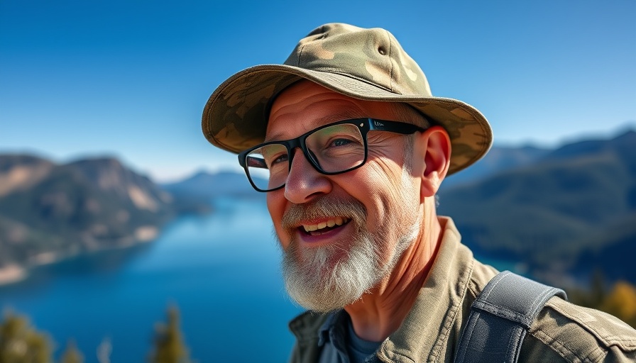 Middle-aged man outdoors, lake and mountains; maximum Social Security payment.