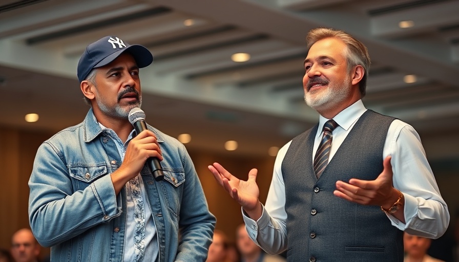 Two men discussing community involvement at a public event.