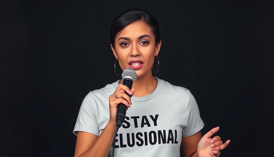 Confident woman promoting 'Staying Delusional for Success' with microphone.